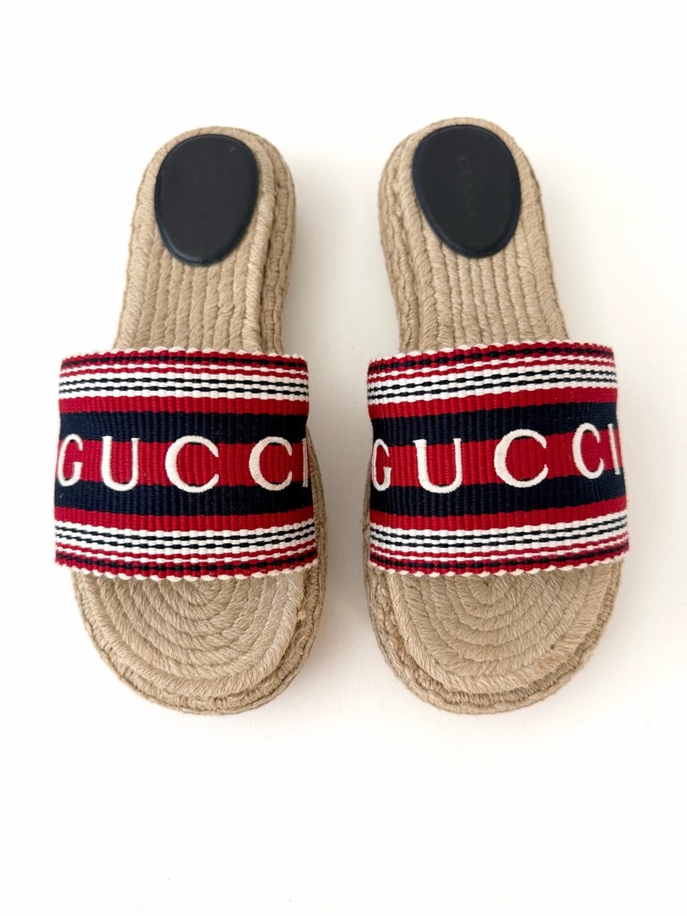 GUCCI | Sabela Web Stripe Logo Espadrille Platform Slides Sandals EU 39